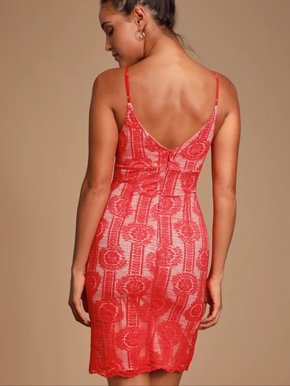 Lulus Avianna Red and Nude Lace Bodycon Mini Strap Dress Size Medium Sexy EUC - Picture 3 of 16